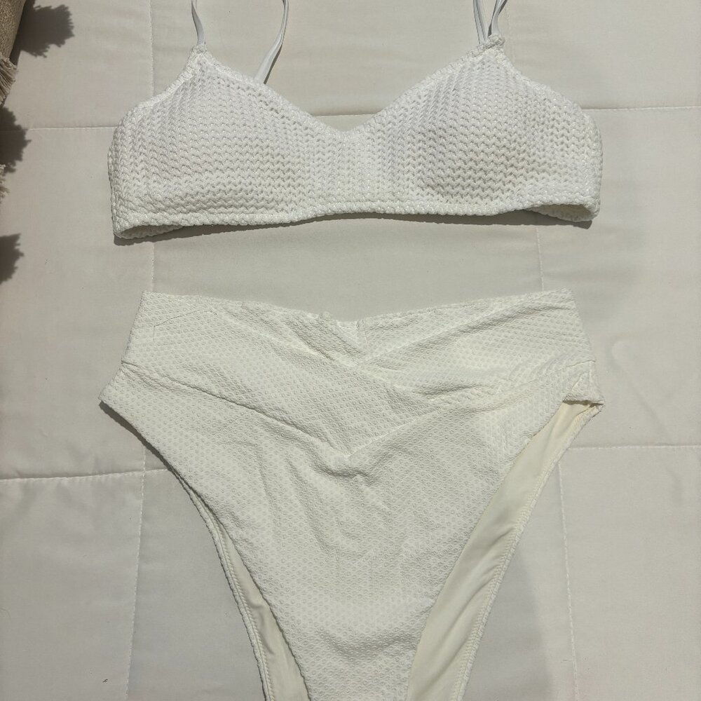 Aerie White Scoop Adjustable Bikini Top & Crossover High Waisted Bottoms
